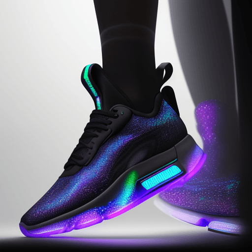 AI generated: Ultra-detailed view of sneakers from the future, integrating smart tech and holographic elements, me...