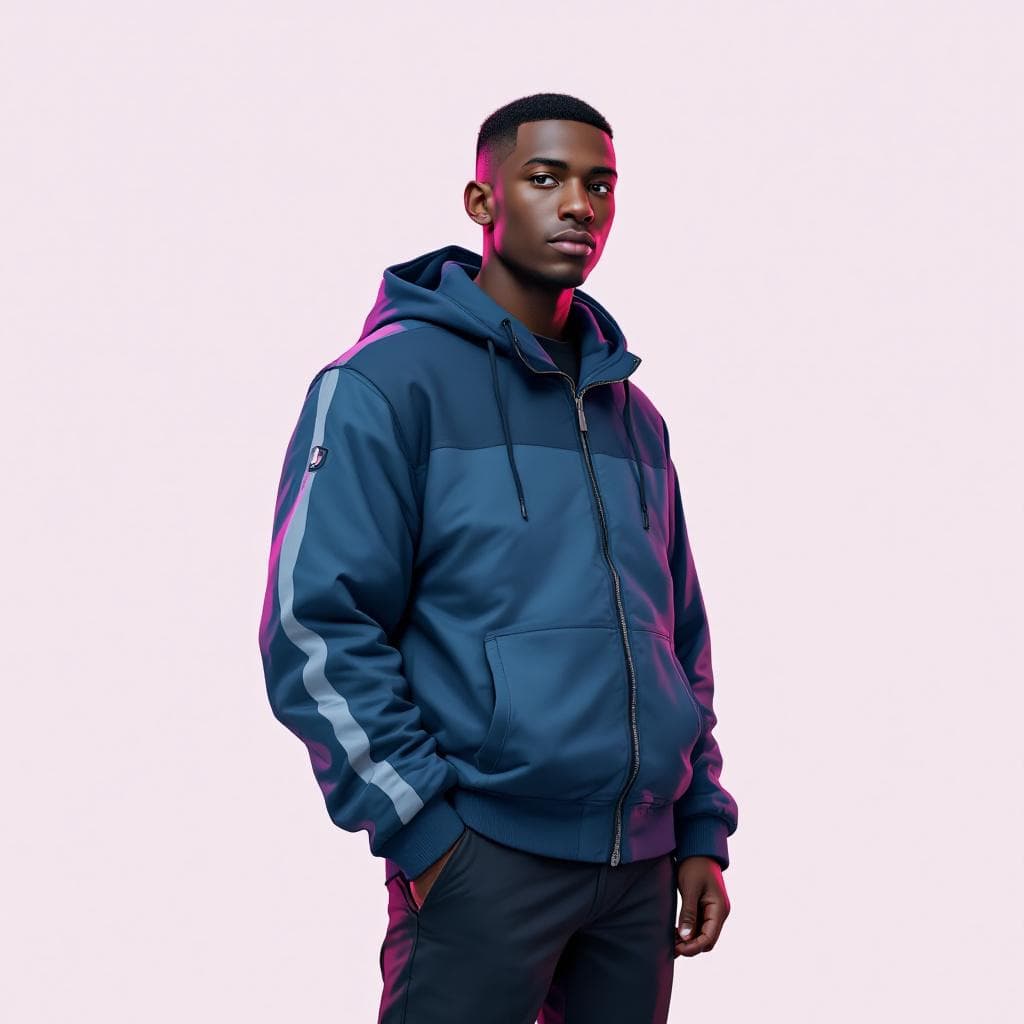 AI generated: create a black man with a buzz cut, 2d, with a nice random main color hooded 
jacket, a nice pants....
