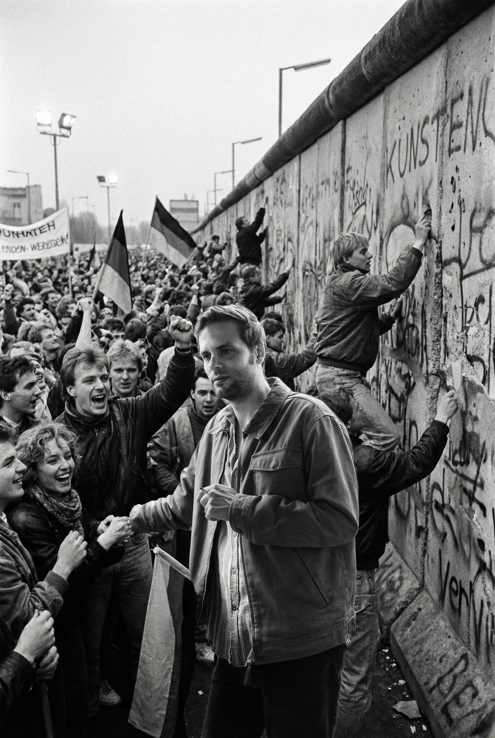 AI generated: take the man from the back and put him in the fall of Berlin of Berlin Wall Day