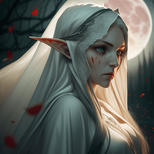 AI generated: Strong female elf, green eyes, long silver hair, white robe, fov, f/1.8, masterpiece, (veil, mouth v...