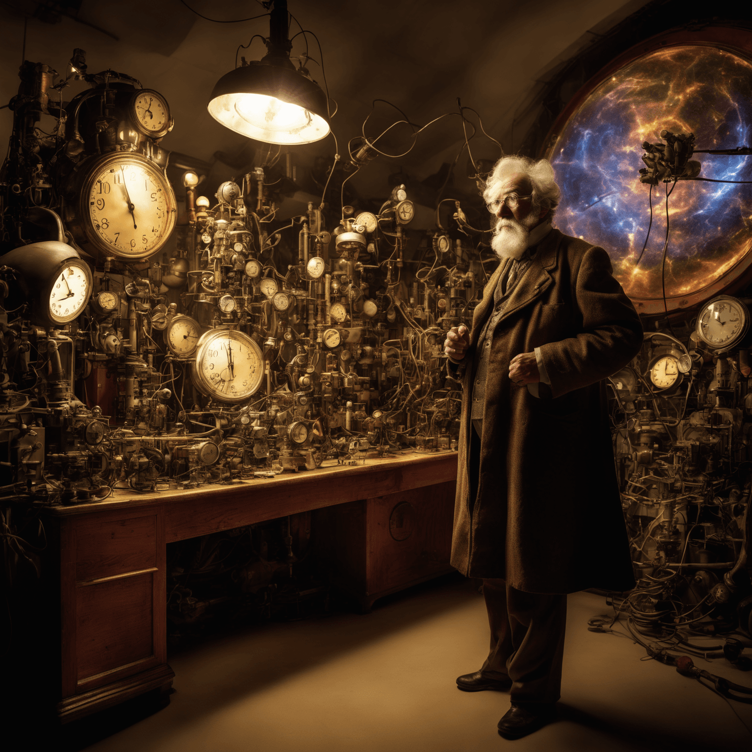 AI generated: A time-traveling inventor, aged 65, wearing an anachronistic mix of historical clothing and futurist...