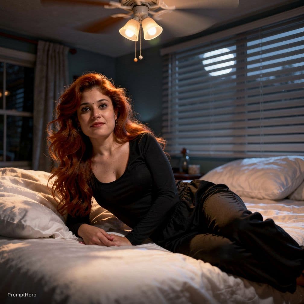 AI generated: A woman with long, tousled red hair cascading in loose waves over her shoulders lies sprawled across...