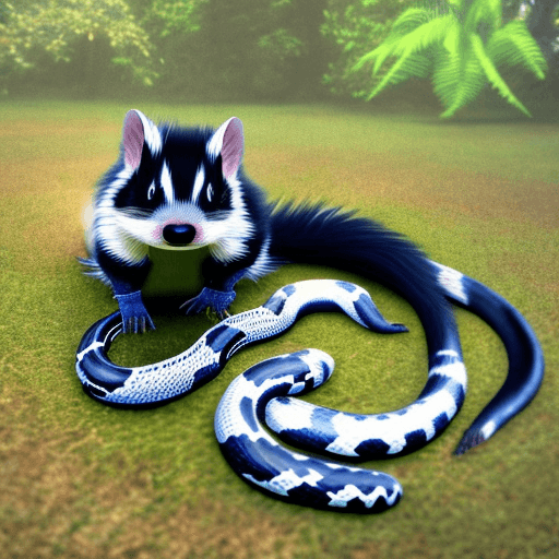 AI generated: full body shot, Photo of Skake (animal fusion hybrid of Snake and Skunk) in natural habitat  