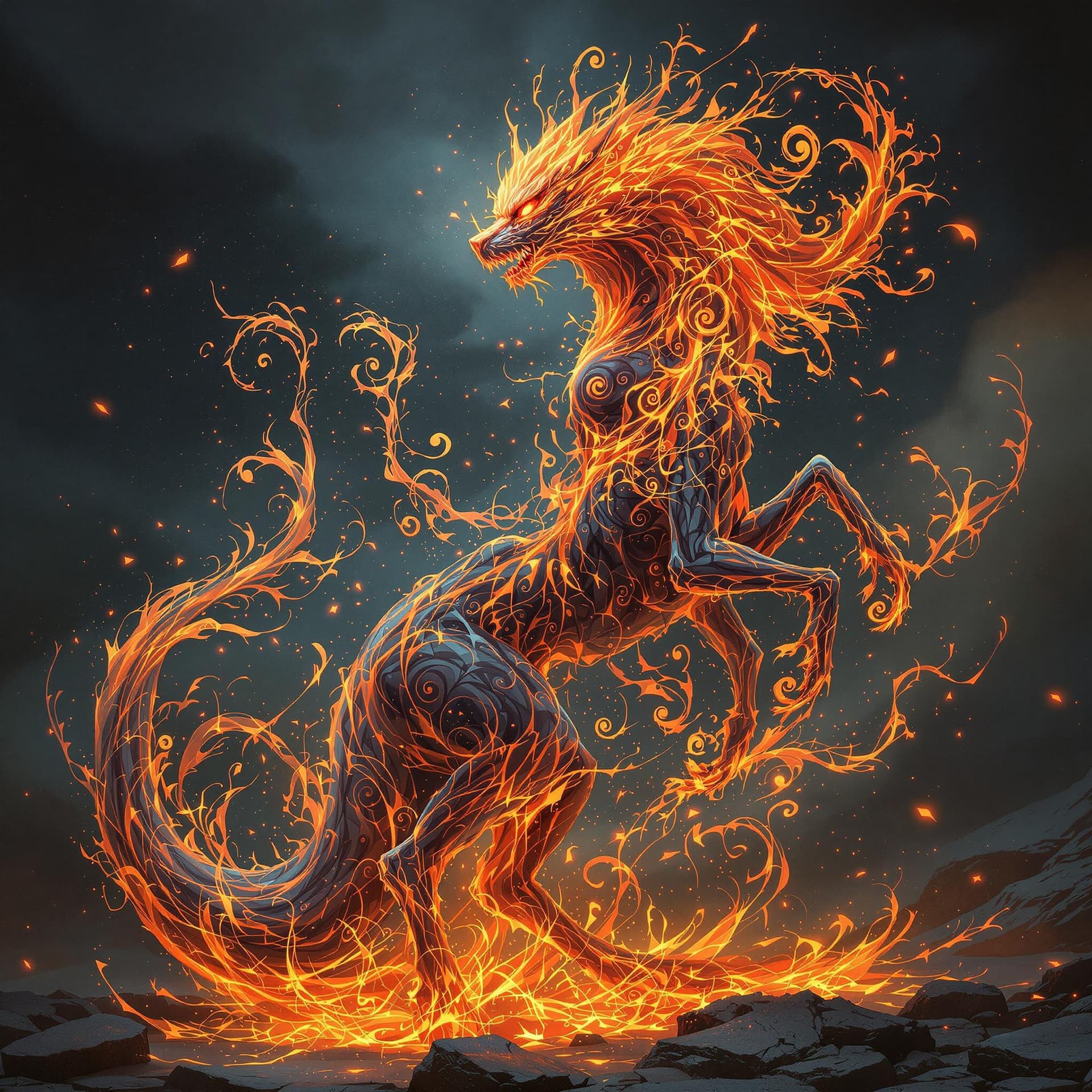 AI generated: A mesmerizing (girl) crafted from swirling fire and lava, adorned with enchanted swirls, This fantas...