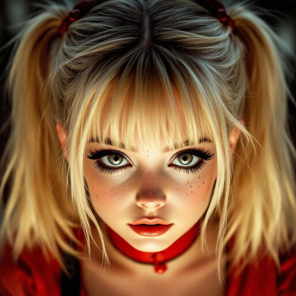 AI generated: blonde, big eyes, dual ponytails haircut, black eyeliner, black eyeshadow, long lashes, kneeling, ((...