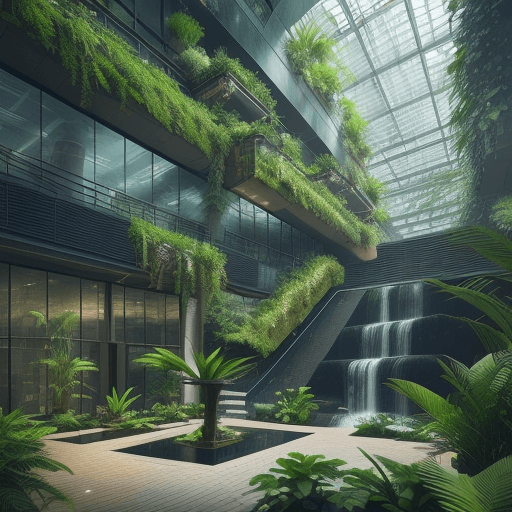 AI generated: epitome of biophilic design, interior, indoor waterfall feature, verdant design, photorealistic, off...