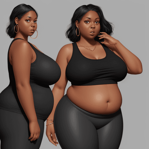 AI generated: Skinny black woman gained weight over time and became fat. She is very full, and very wide. overweig...