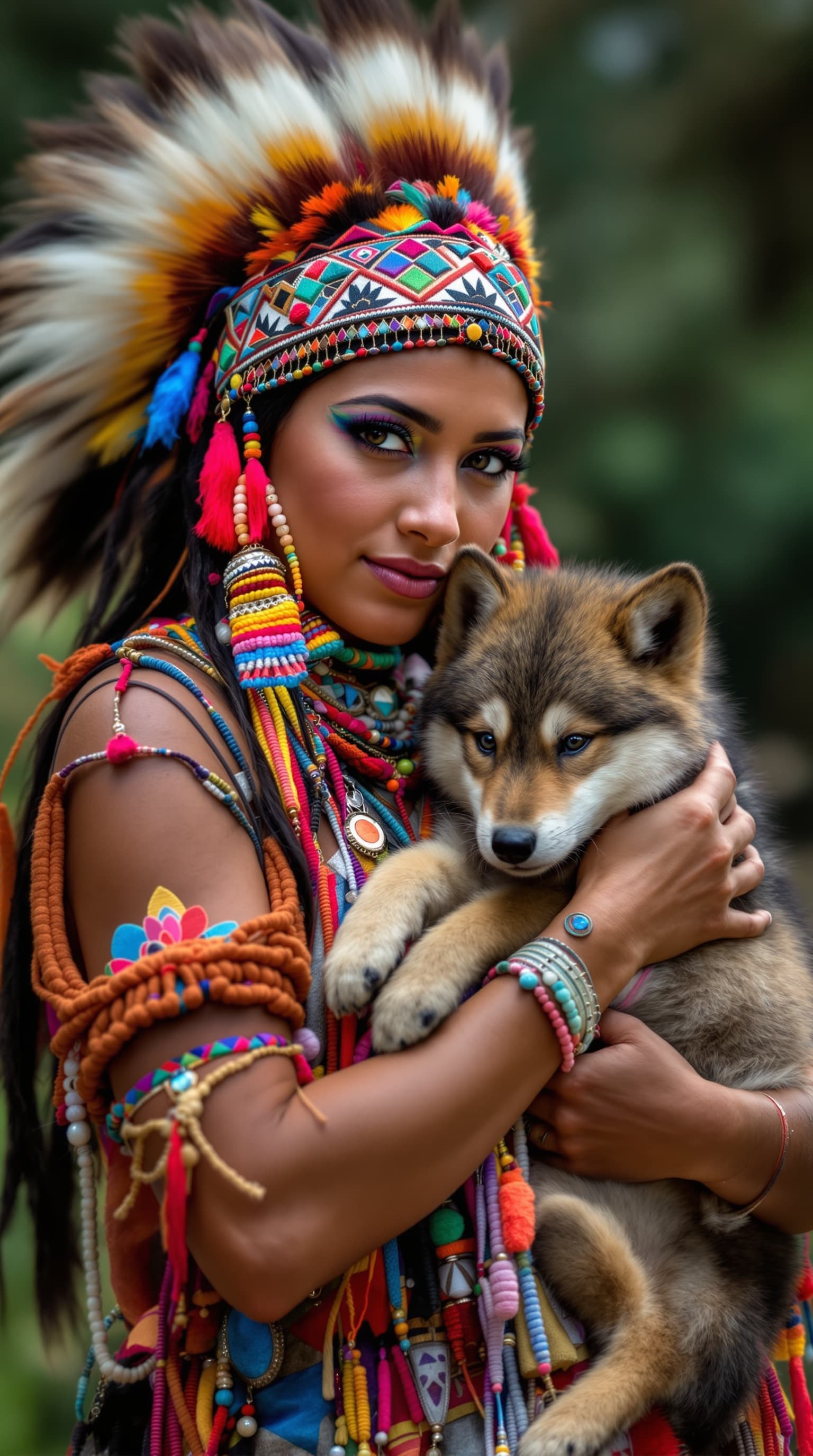 AI generated: an American Indian woman, with very colorful and beautiful wild 4k clothes. holding in her arms a ba...