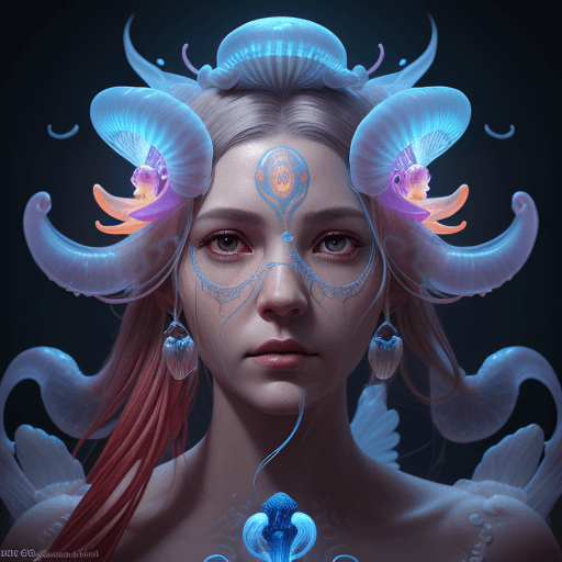 AI generated: Goddess close-up portrait ribcagel. jellyfish phoenix head, nautilus, orchid, skull, betta fish, bio...