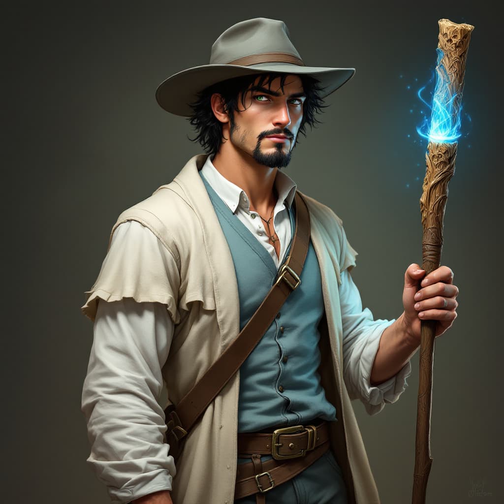 AI generated: A lean man in his mid-20's. He has Black hair, green eyes and a goatee. He is wearing a white shirt,...