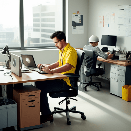 AI generated: office work. Scooter battery plugged in. Men working at his desk