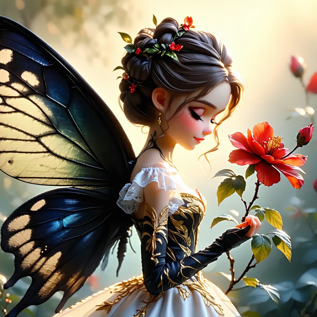 AI generated: Oil painting 
 A beautiful  fairy with black wings and a white and gold lace dress holds a red flow...