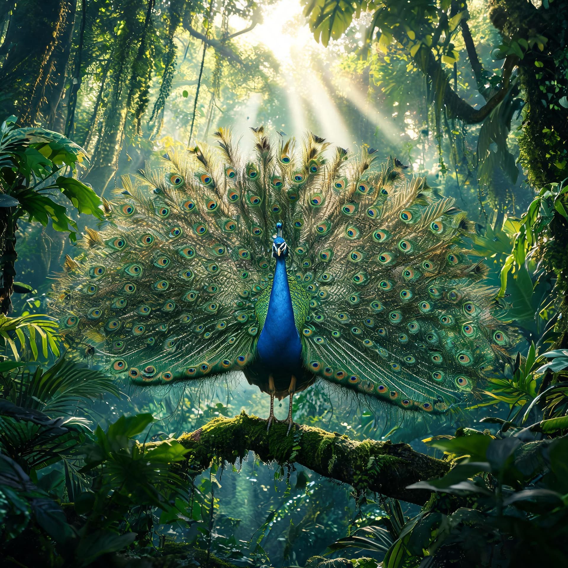 AI generated: A highly detailed, elegant Indian peacock in a rainforest, cinematic lighting, ultra-realistic, dyna...