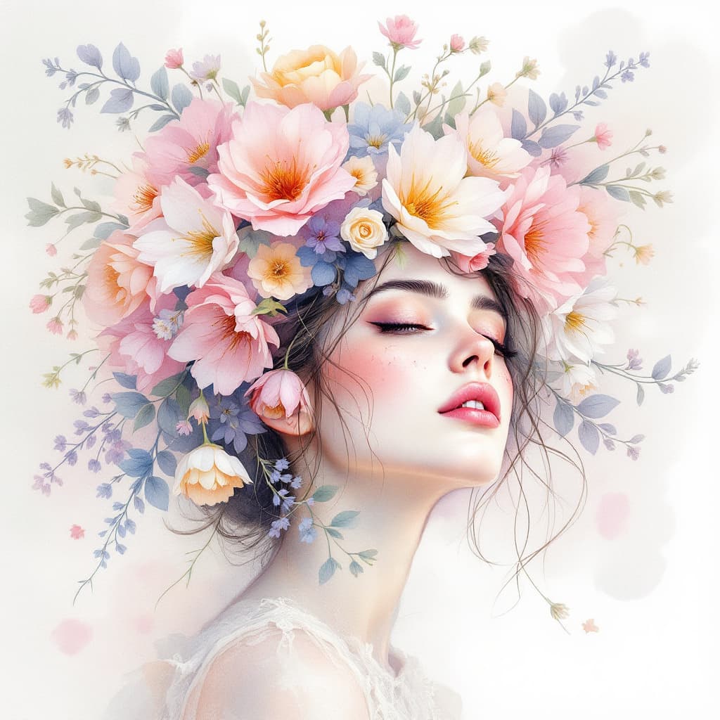 AI generated: artistic image features a woman adorned with a lush array of watercolor flowers that seemingly sprou...