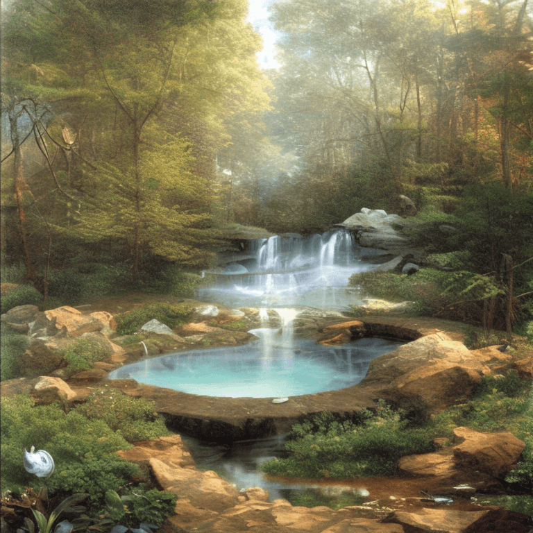 AI generated: Forest flower crystal::4 emitting glitter garden landscape with pool of clear water and „black gold ...