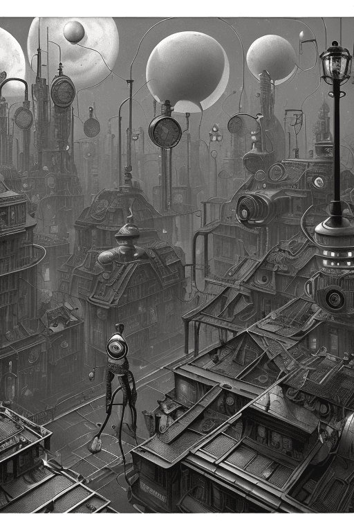 AI generated: A retro-futuristic 19th century city street, strange beings with bright black heads and highly artic...