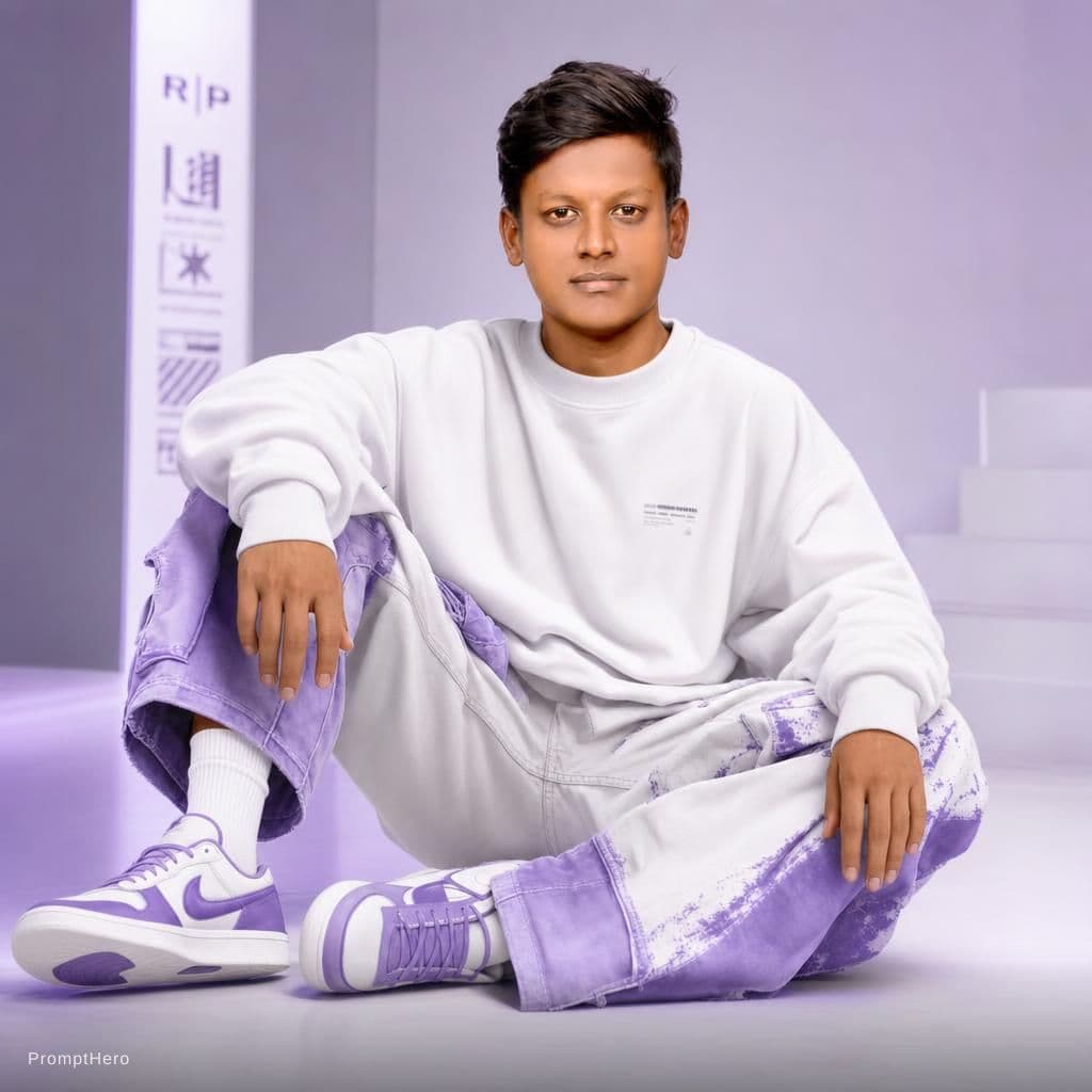 AI generated: Oversized white sweatshirt, white purple oversized combat jean, styled with footwear: white purple n...
