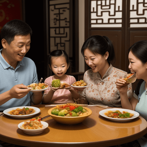 AI generated: a family having  a typical dinner in china, food and drinks, detailed