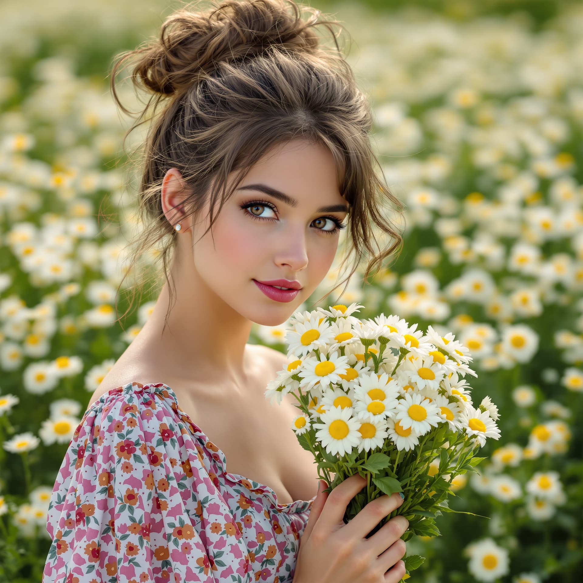 AI generated: an ultra-realistic capture of a gorgeous young lady, holding a bunch of daisies. She is wearing a cu...