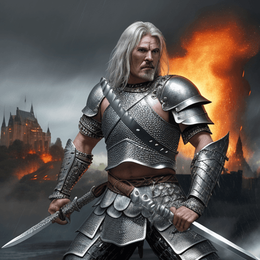AI generated: Warrior man in chain mail armor wielding a sword, village background with destroyed castle in flames...