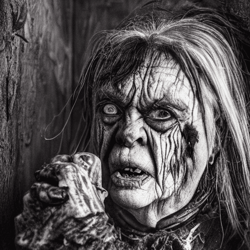 AI generated: Angry Satanic old hag inside a creepy old hut wearing a dirty black tattered cloak, wrinkled face wi...