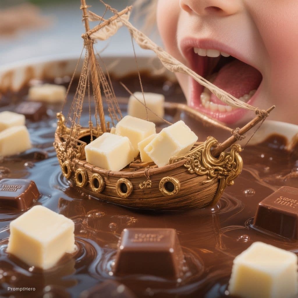 AI generated: cubes of white chocloates in a small ship floating in a pool of liquid dark chocolates and zooming o...