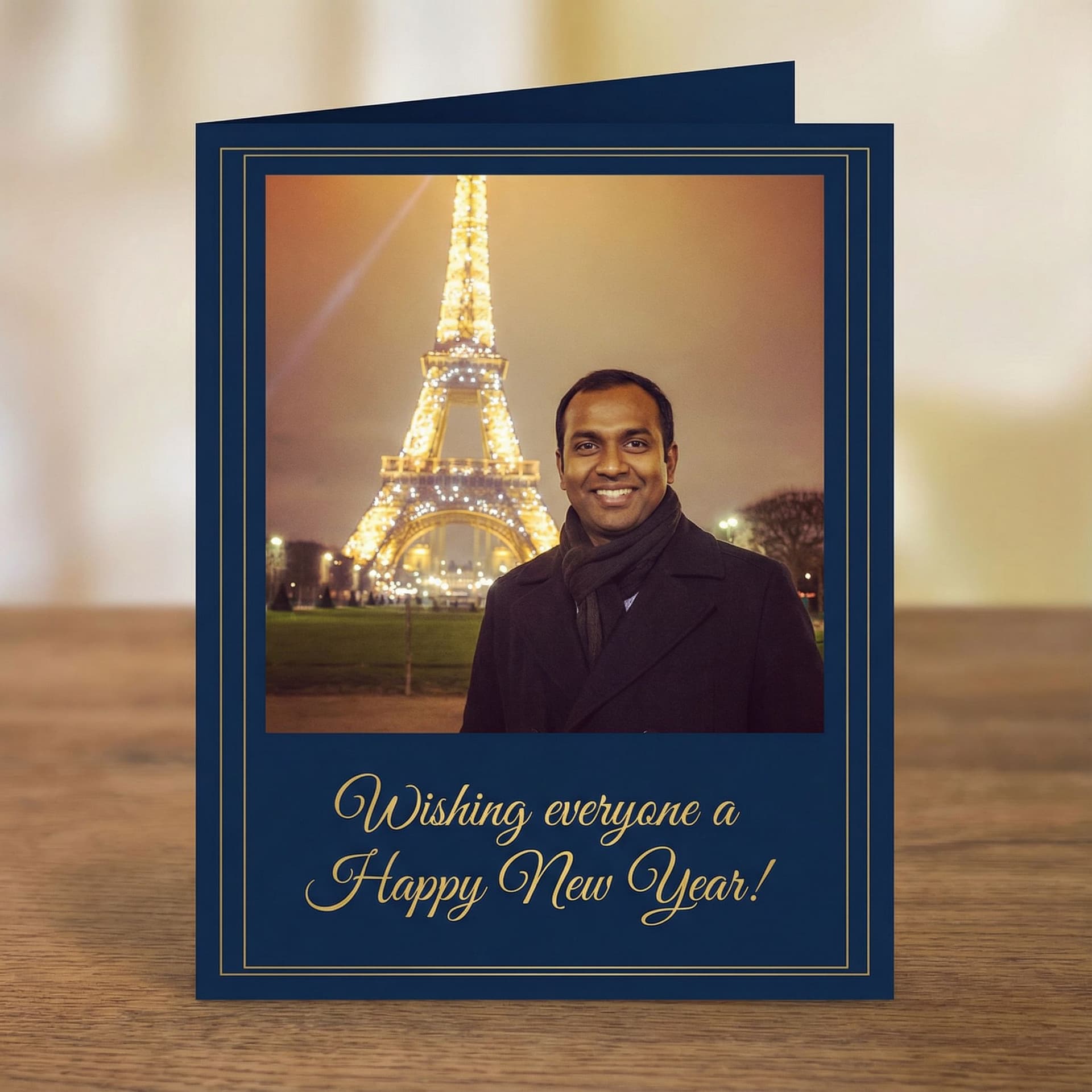 AI generated: A new year greeting card card which includes my photo(I don't really wanna upload my photo so just y...