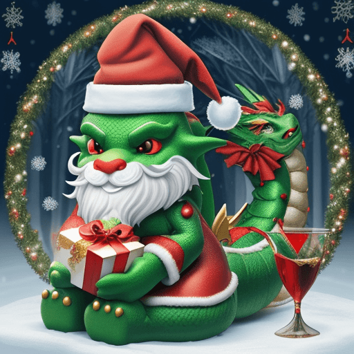 AI generated: A New Year's dragon, sitting near the Christmas tree, With a Santa Claus hat on the dragon's head. a...