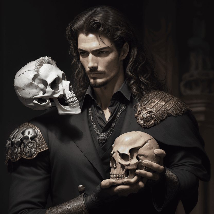 AI generated: To be or not to be, Hamlet holding an anatomically correct human skull of Yorick in the palm of his ...