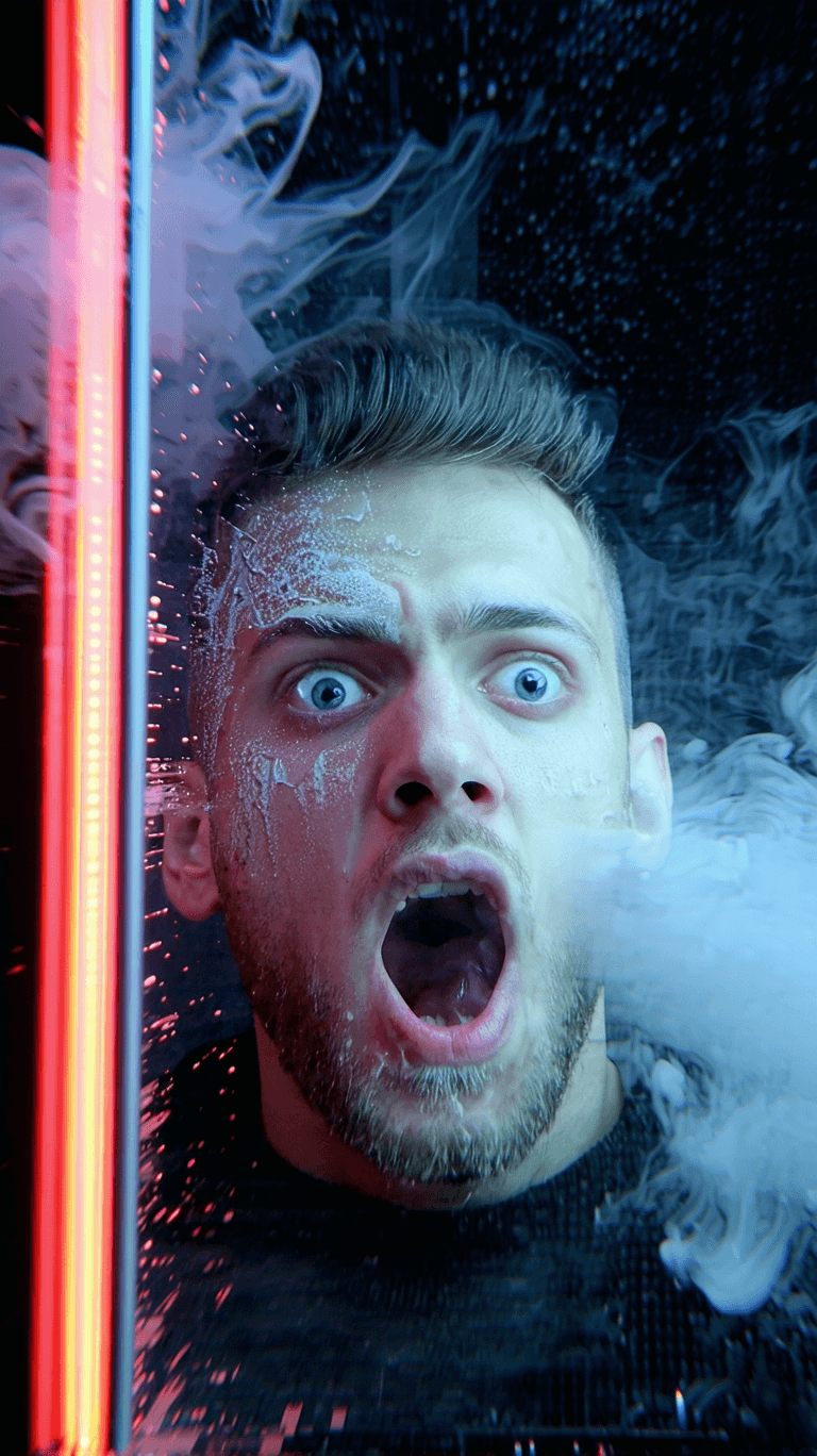 AI generated: POV,A man ilke in the film “fight club” looking to a dirty,vaporized mirror,his mouth is opened ilke...