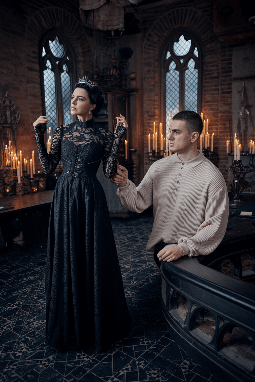 AI generated: Full shot of a woman and a man in a dimly lit, gothic interior. 

The woman, positioned slightly to ...