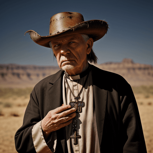 AI generated: a sad looking old priest, cross necklace, with a shotgun, wild west style, 8k, praying, 