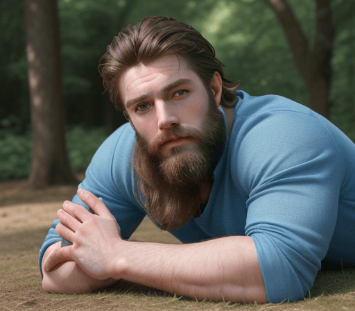 AI generated: A muscled bearded handsome man, broad chin,  big blue eyes, lying on the ground with his legs spread...