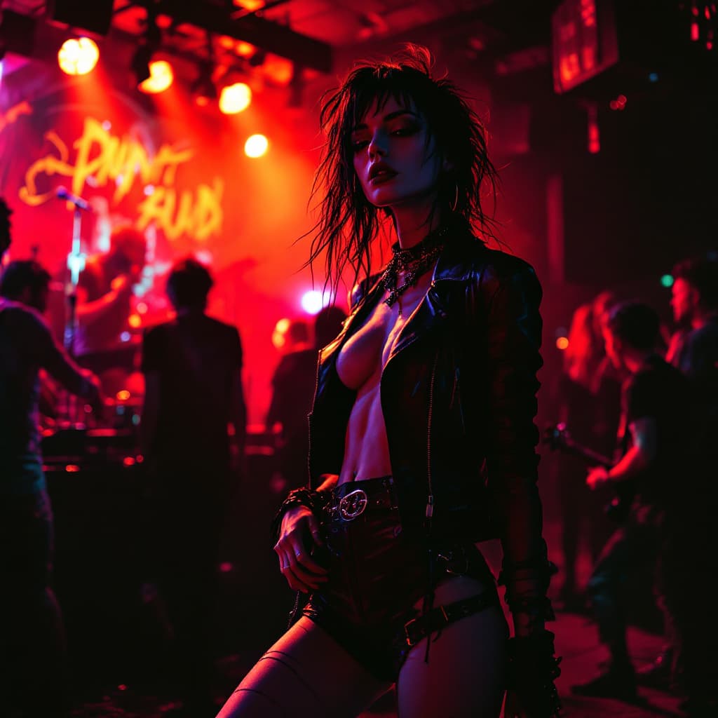 AI generated: 80's Era punk retro outfit on slender pale woman as main focus in a grungy nightclub with punk rock ...