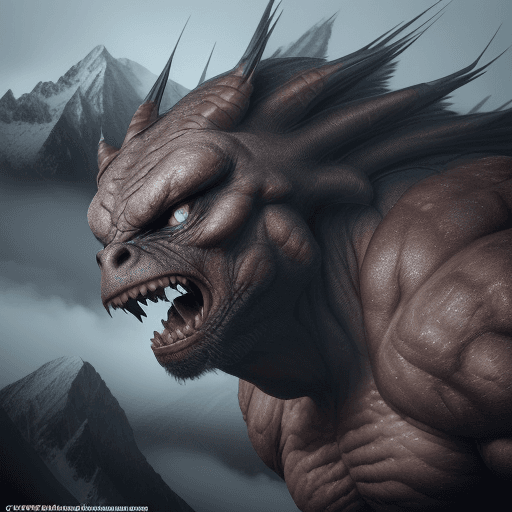 AI generated: An amazing creature in the mountains with angry and serious face with stunning eyes , image gonna be...