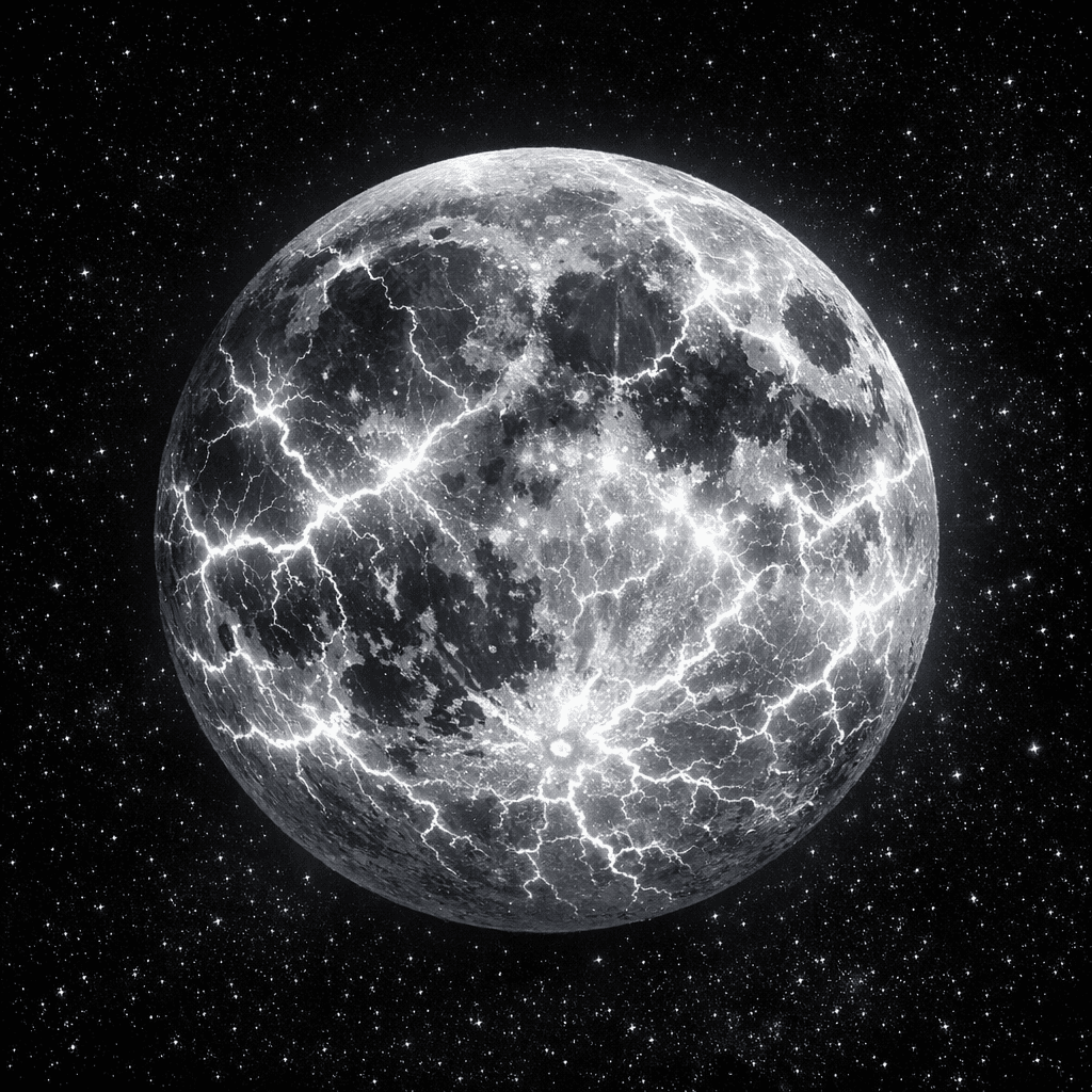 AI generated: a grey, White and black moon that has white lightning storms covering its surface with that likes li...