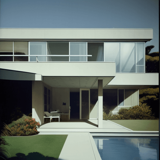 AI generated: Hyper realistic eye level exterior photo of a mid century modern style house overlooking the ocean, ...
