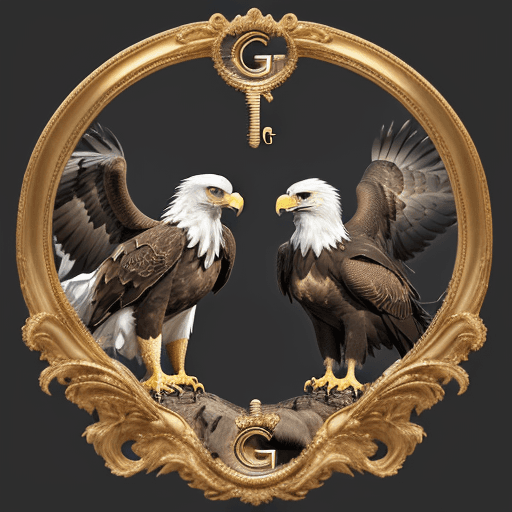 AI generated: 2 letters "G" and mirror image "G", left "G" and right "G" symmetrical and opposite, eagle's head an...
