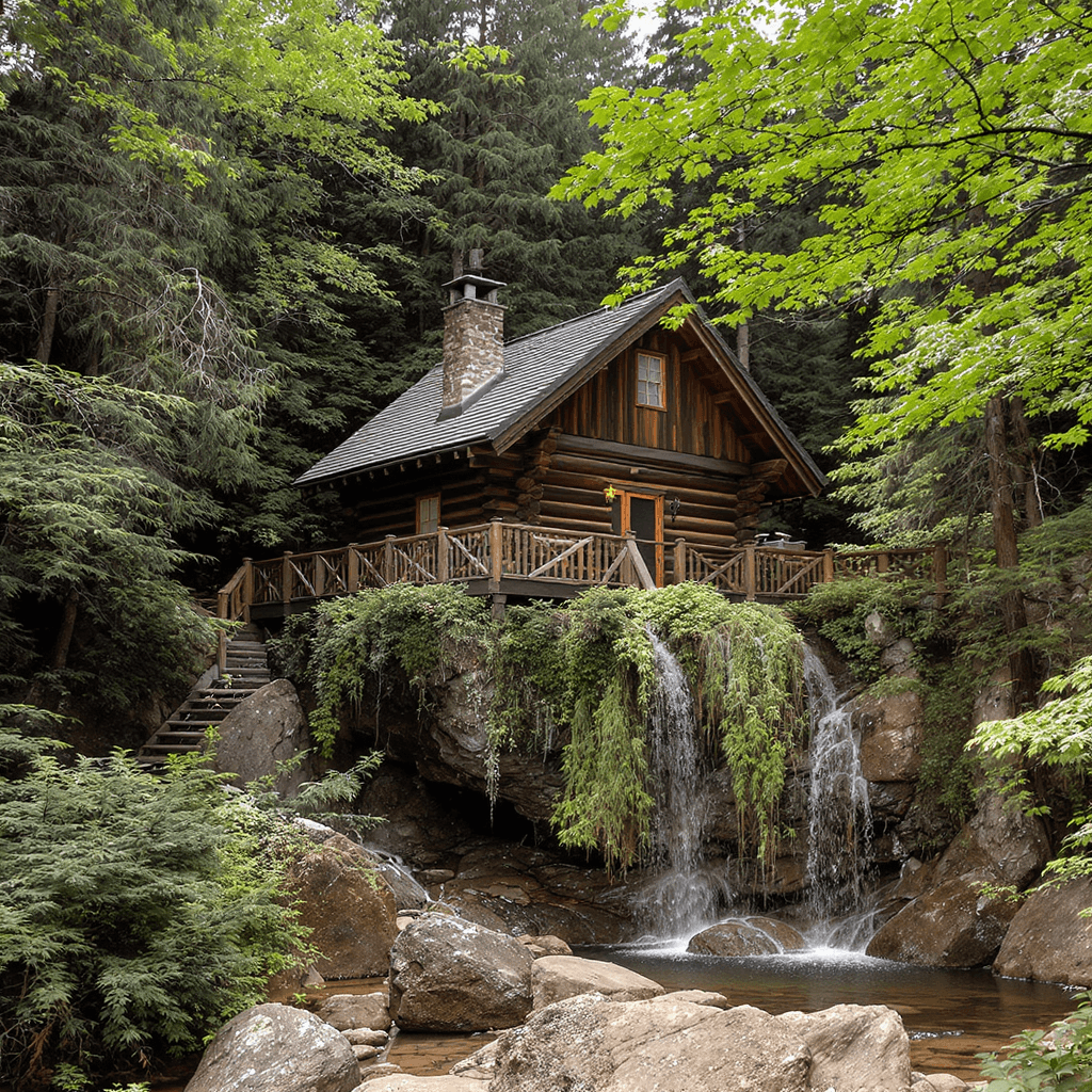 AI generated: lake cabin, waterfall, vintage station wagon