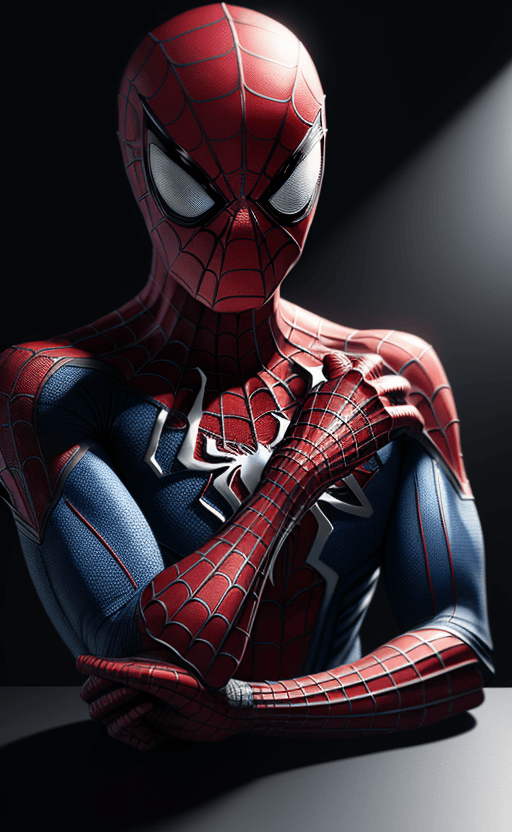 AI generated: handphone on the table with the design and character of spiderman The handphone is gold and red dark...
