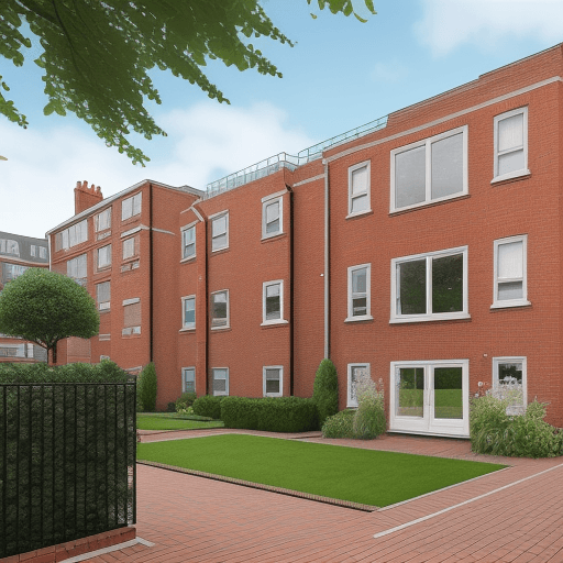 AI generated: A 1950s brick built 2 story council apartment building in Portsmouth, UK. With a small garden outsid...