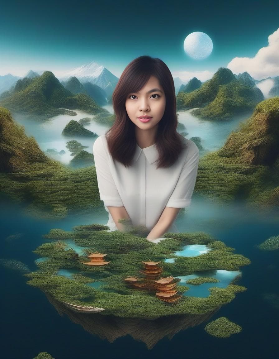 AI generated: Produce realistic landscape images featuring floating islands, upside-down mountains, and unusual fl...