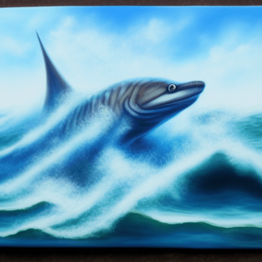 AI generated: tiburon con lapiz 3d, relleno con arcilla polimerica, y fondo de olas de mar con pintura acrilica.