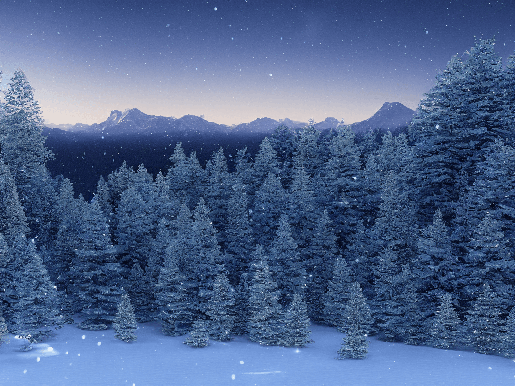 AI generated: beautiful winter night landscape with mountains and trees in snow, wide angle, crystal::4 emitting g...
