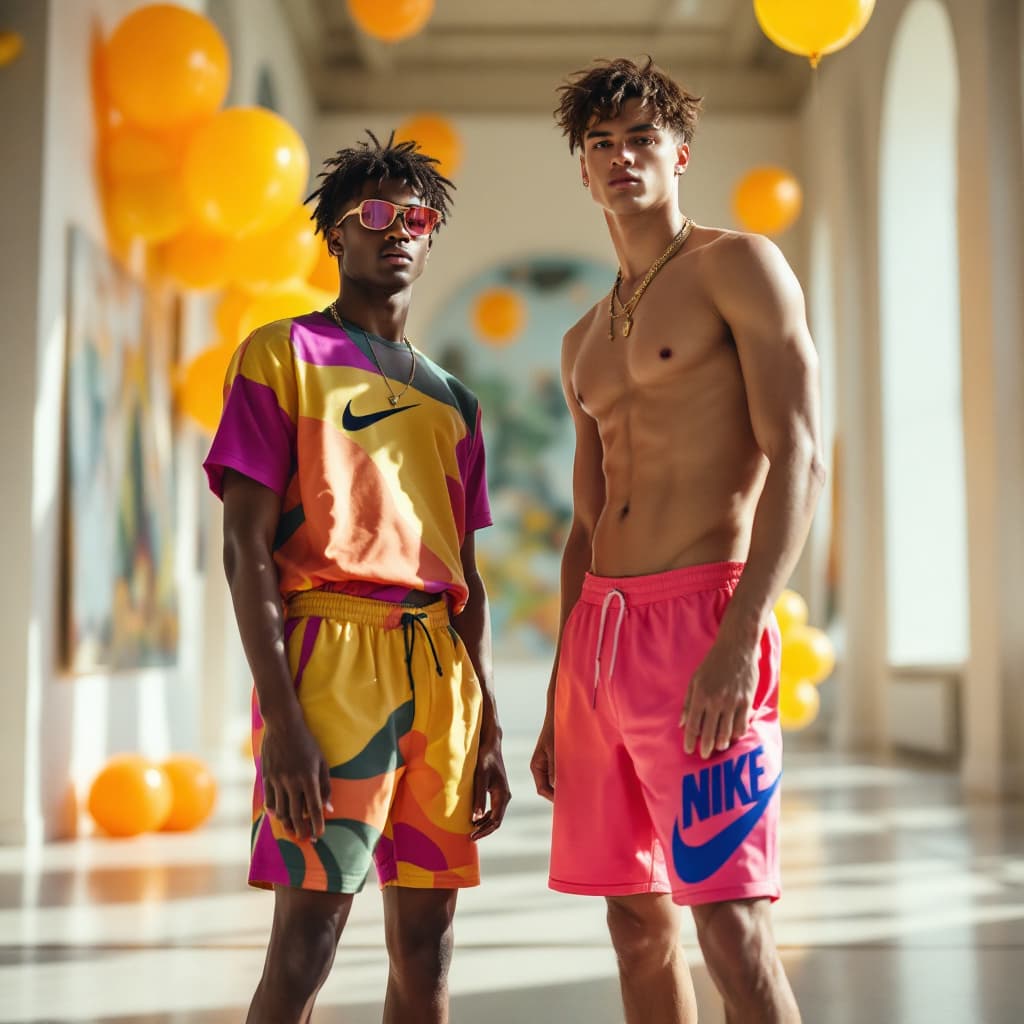 AI generated: high fashion photography of two male models in a nike style fashion, wearing sleek colorful short cl...