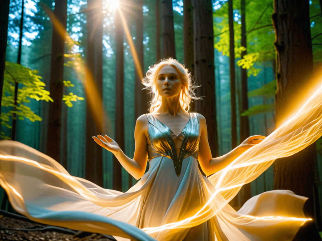 AI generated: 3/4 shot, film still of, a woman, blonde hair glowing and blowing in the wind, body glowing and bath...
