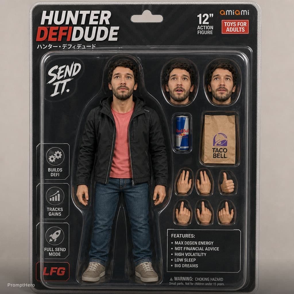 AI generated: a hanging card, Available in individual packaging, Toys for adults,a action figure of Hunter DefiDud...