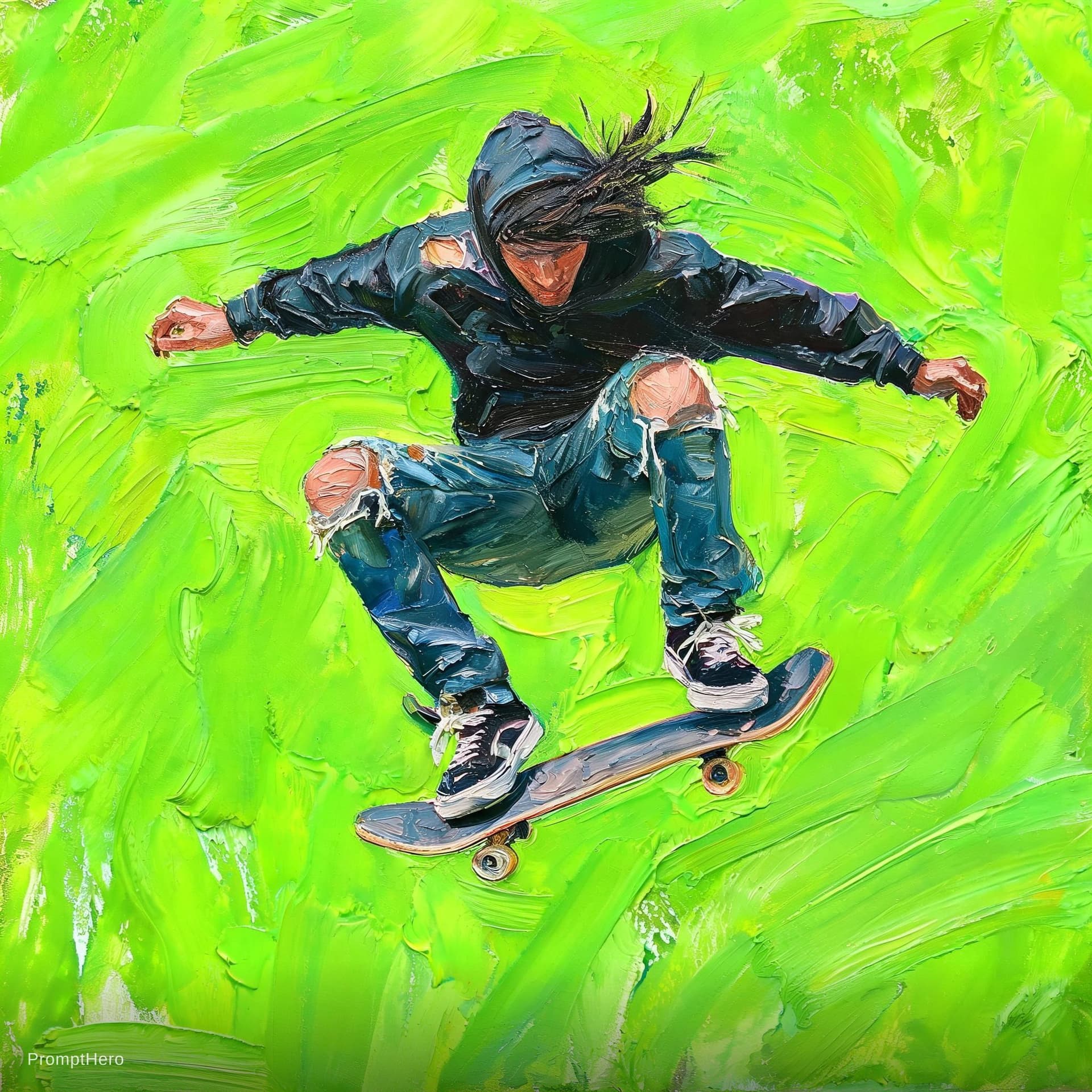 AI generated: artistic, painting, skateboarder, mid-air trick over neon green background, powerful brush touched, ...