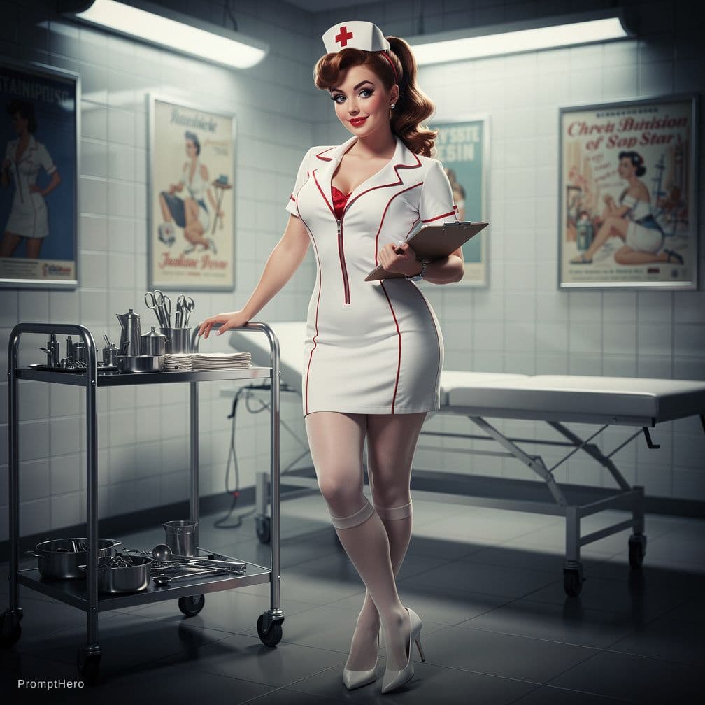 AI generated: A playful yet provocative scene of a curvy nurse with an hourglass figure and soft athletic thighs, ...