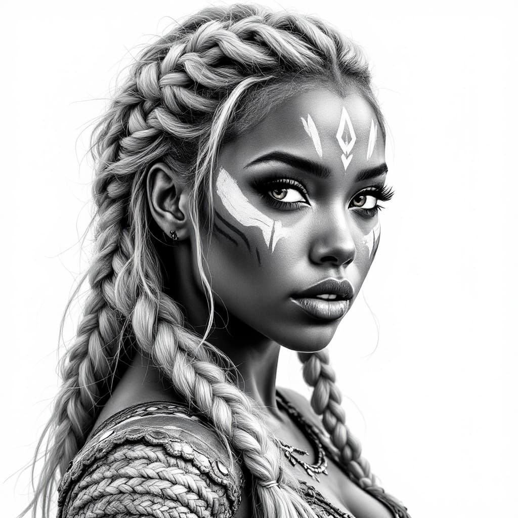 AI generated: black and white drawing of a stunningly beautiful Afro Latina Viking warrior woman with braided hair...